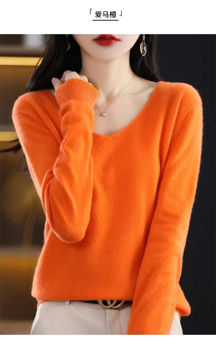 100% pure wool 2024 autumn and winter new cashmere sweater women's V-neck pullover fashion solid color long sleeve pullover