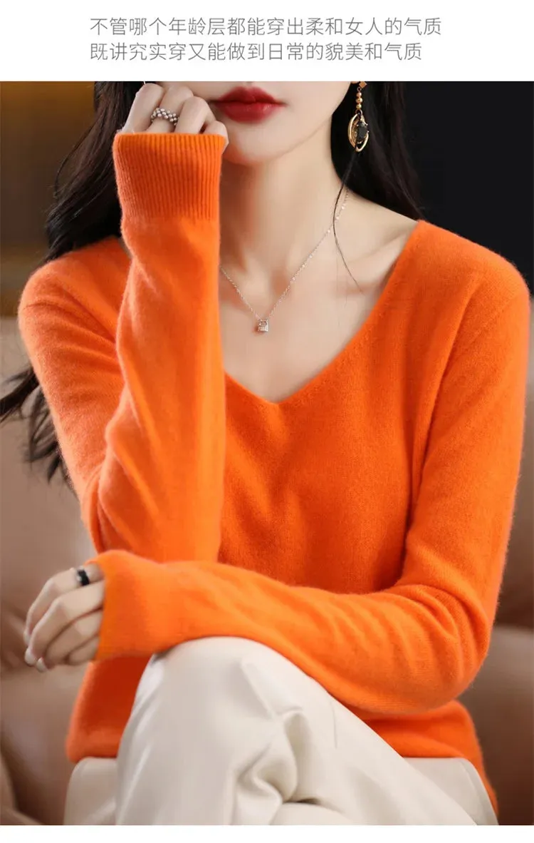 100% pure wool 2024 autumn and winter new cashmere sweater women's V-neck pullover fashion solid color long sleeve pullover