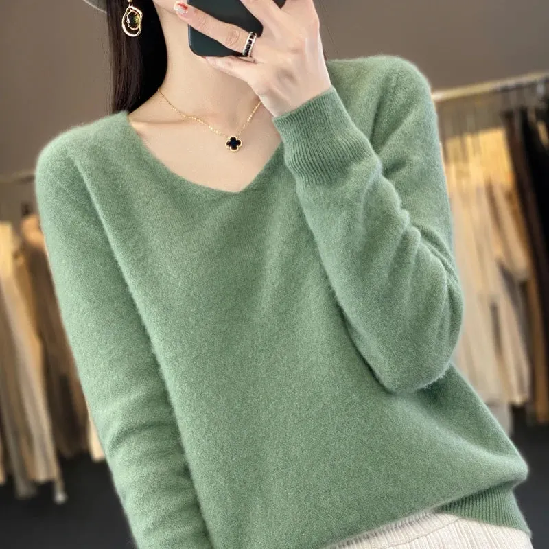 100% pure wool 2024 autumn and winter new cashmere sweater women's V-neck pullover fashion solid color long sleeve pullover