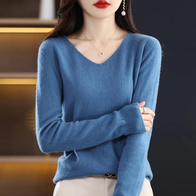 100% pure wool 2024 autumn and winter new cashmere sweater women's V-neck pullover fashion solid color long sleeve pullover