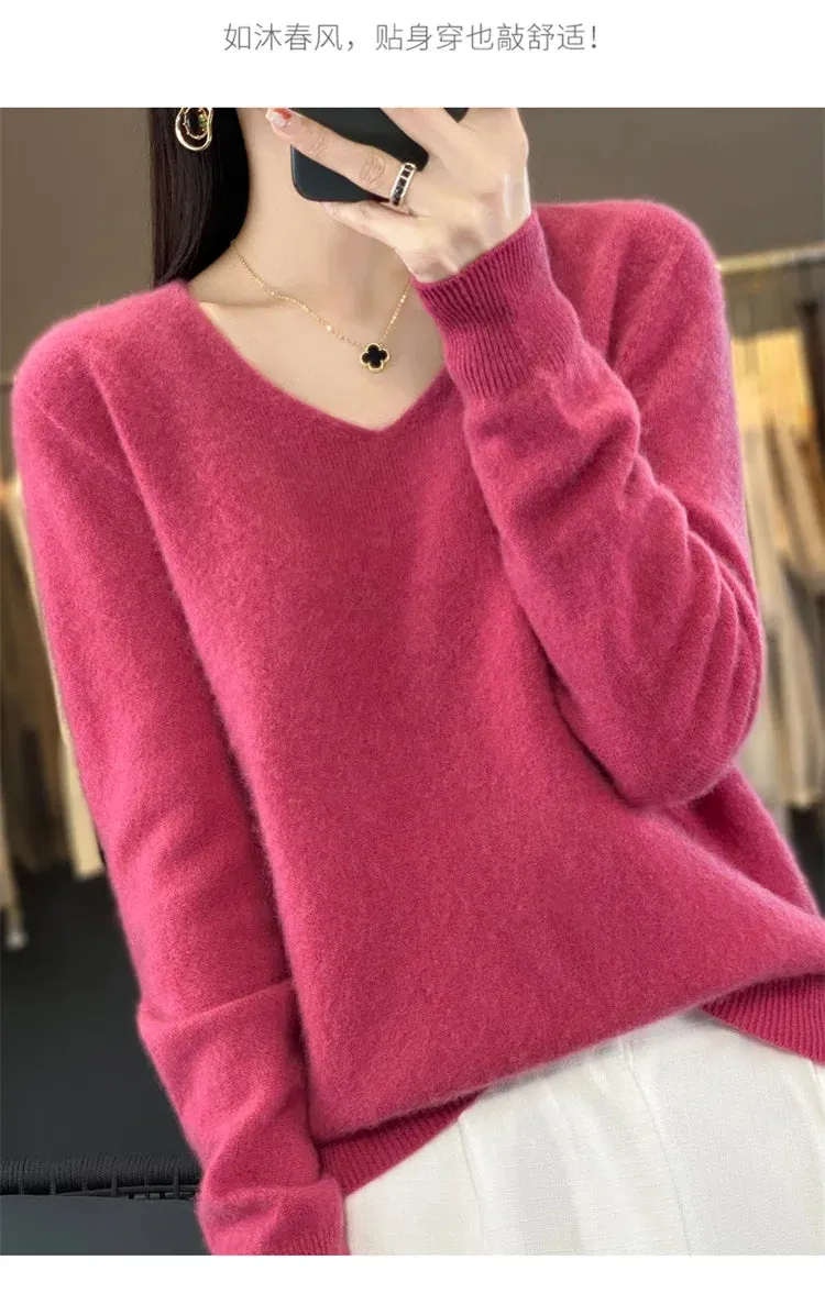 100% pure wool 2024 autumn and winter new cashmere sweater women's V-neck pullover fashion solid color long sleeve pullover