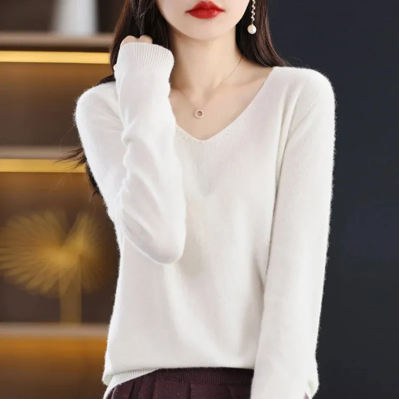 100% pure wool 2024 autumn and winter new cashmere sweater women's V-neck pullover fashion solid color long sleeve pullover