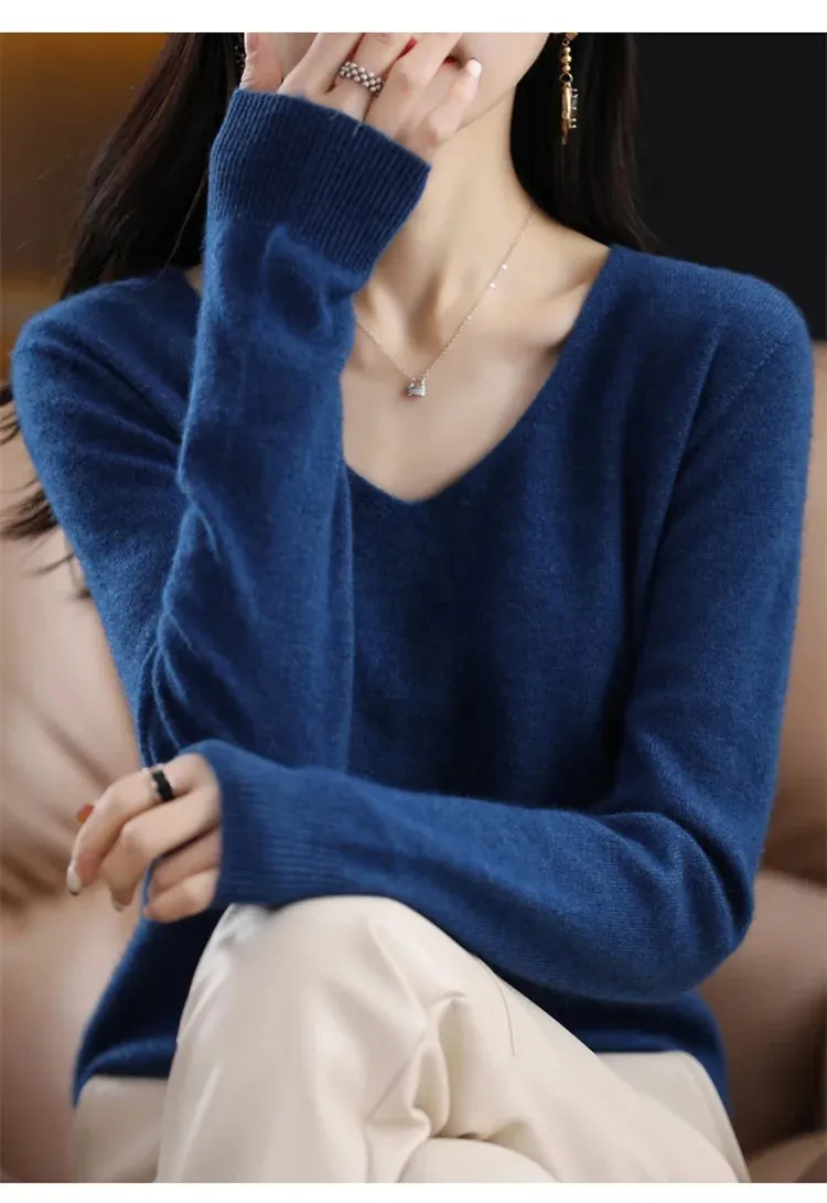 100% pure wool 2024 autumn and winter new cashmere sweater women's V-neck pullover fashion solid color long sleeve pullover