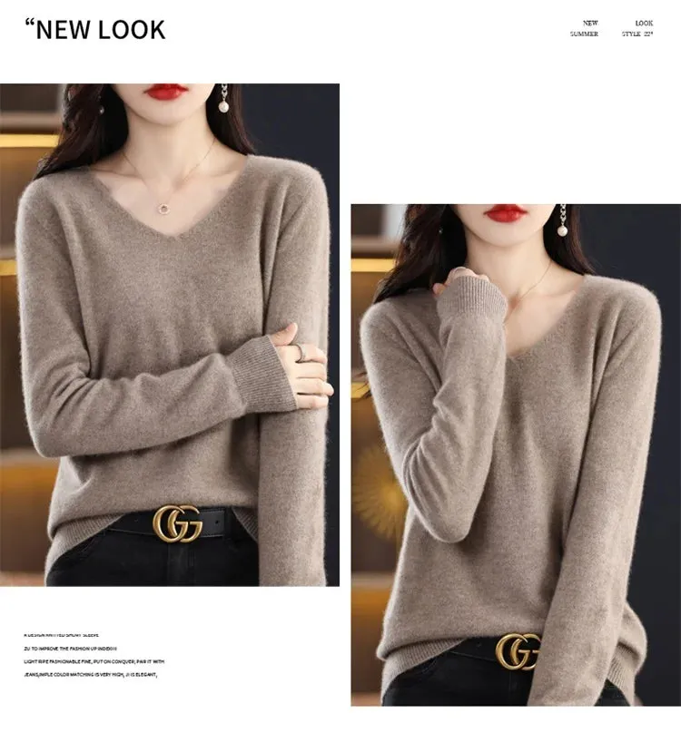 100% pure wool 2024 autumn and winter new cashmere sweater women's V-neck pullover fashion solid color long sleeve pullover