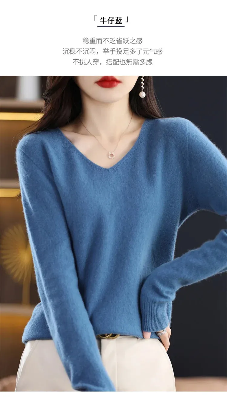 100% pure wool 2024 autumn and winter new cashmere sweater women's V-neck pullover fashion solid color long sleeve pullover