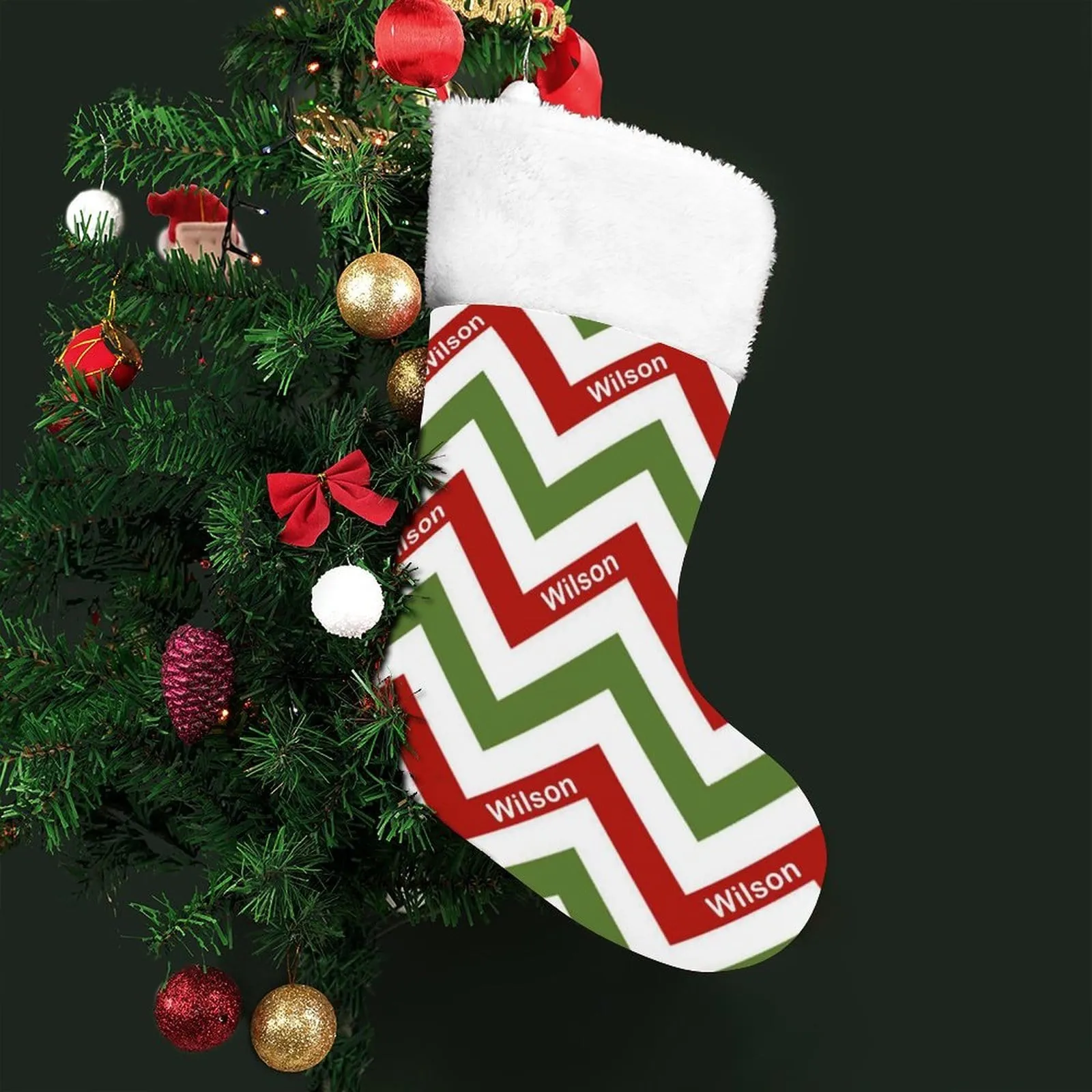 16.5in(L) Super Size-Custom Name Red, Green And White Stripes Christmas Stocking