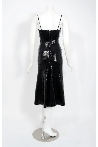 1974 Halston Black Sequin Silk Jersey Bias-Cut Plunge Hourglass Mermaid Dress