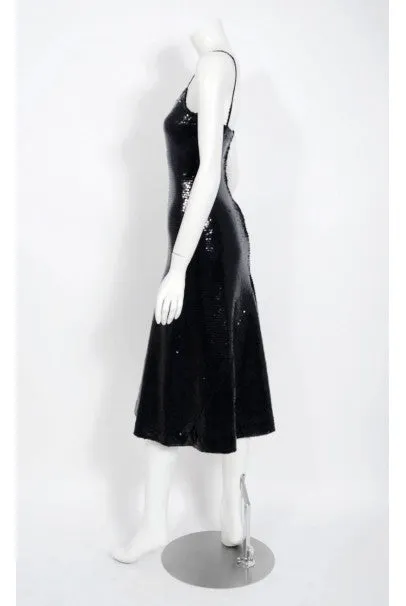 1974 Halston Black Sequin Silk Jersey Bias-Cut Plunge Hourglass Mermaid Dress