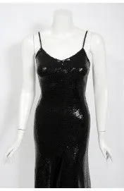 1974 Halston Black Sequin Silk Jersey Bias-Cut Plunge Hourglass Mermaid Dress