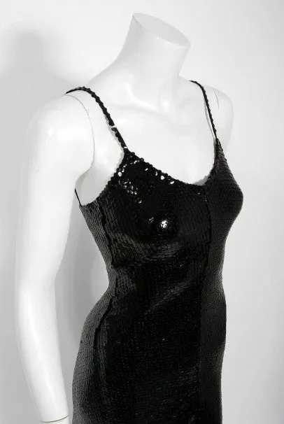 1974 Halston Black Sequin Silk Jersey Bias-Cut Plunge Hourglass Mermaid Dress