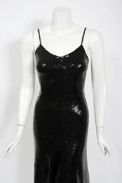 1974 Halston Black Sequin Silk Jersey Bias-Cut Plunge Hourglass Mermaid Dress