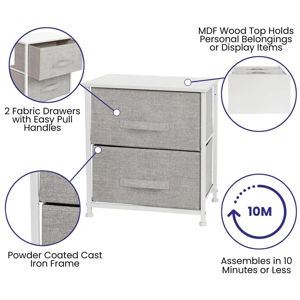 2 Drawer Wood Top White Nightstand Storage Organizer With Cast Iron Frame And Light Gray Easy Pull Fabric Drawers By Flash Furniture