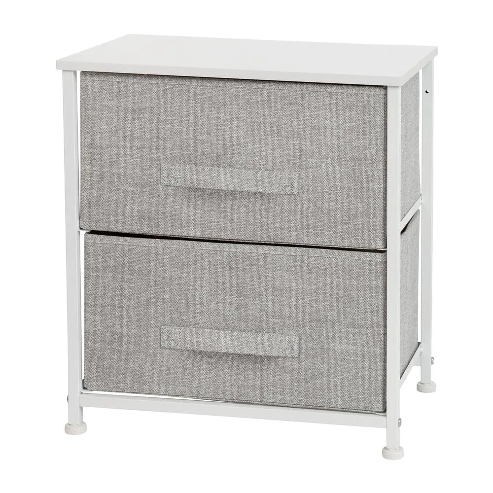 2 Drawer Wood Top White Nightstand Storage Organizer With Cast Iron Frame And Light Gray Easy Pull Fabric Drawers By Flash Furniture