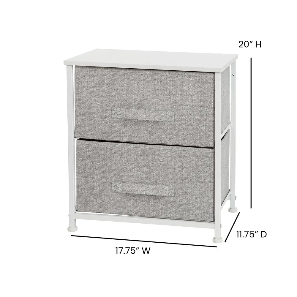 2 Drawer Wood Top White Nightstand Storage Organizer With Cast Iron Frame And Light Gray Easy Pull Fabric Drawers By Flash Furniture