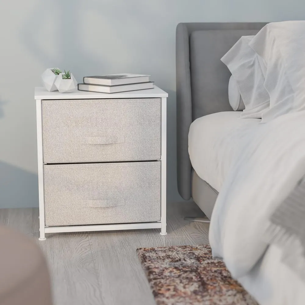 2 Drawer Wood Top White Nightstand Storage Organizer With Cast Iron Frame And Light Gray Easy Pull Fabric Drawers By Flash Furniture