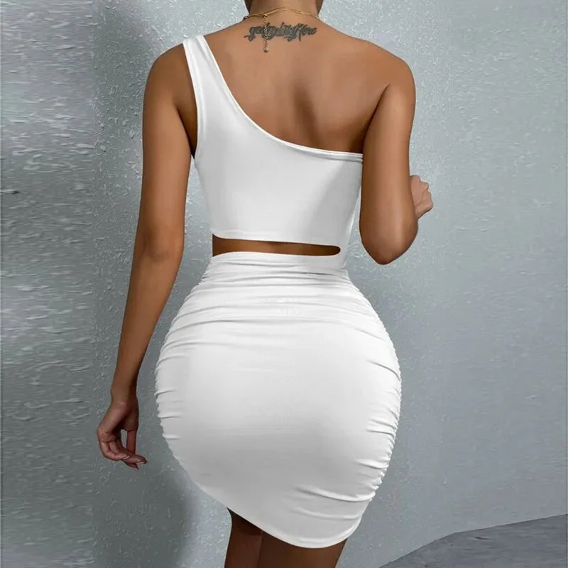 2024 Bodycon Mini Vestidos Club Party Dresses One Shoulder Sleeveless Hollow Ruched Black White Sexy Dress