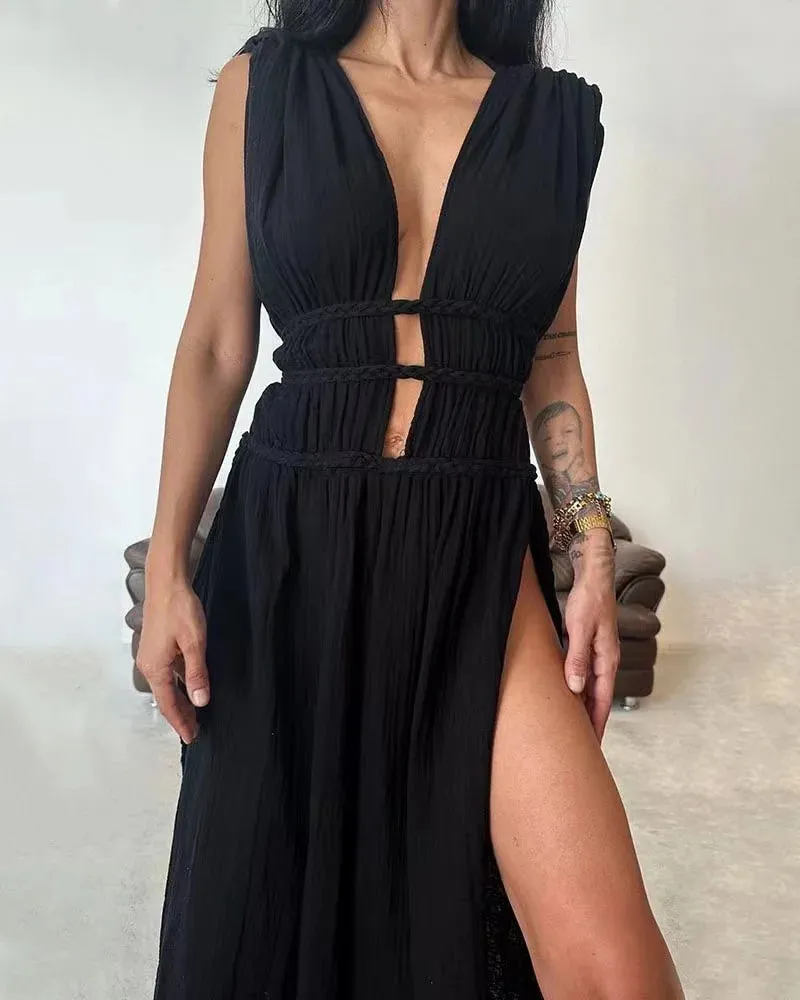 2024 Deep V-Neck Sexy Bohemian Party Summer Loungewear Sleeveless Hollow Out Dress