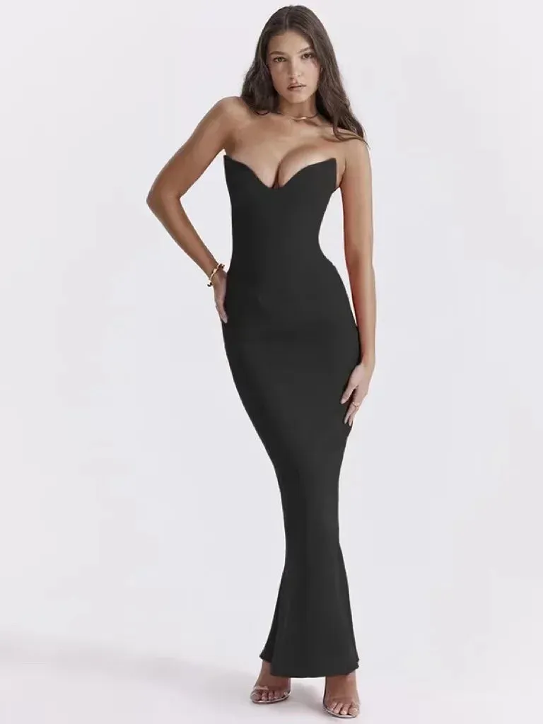 2024 Slim Bodycon Elegant Mermaid Black Strapless Nightclub Solid Party Dress