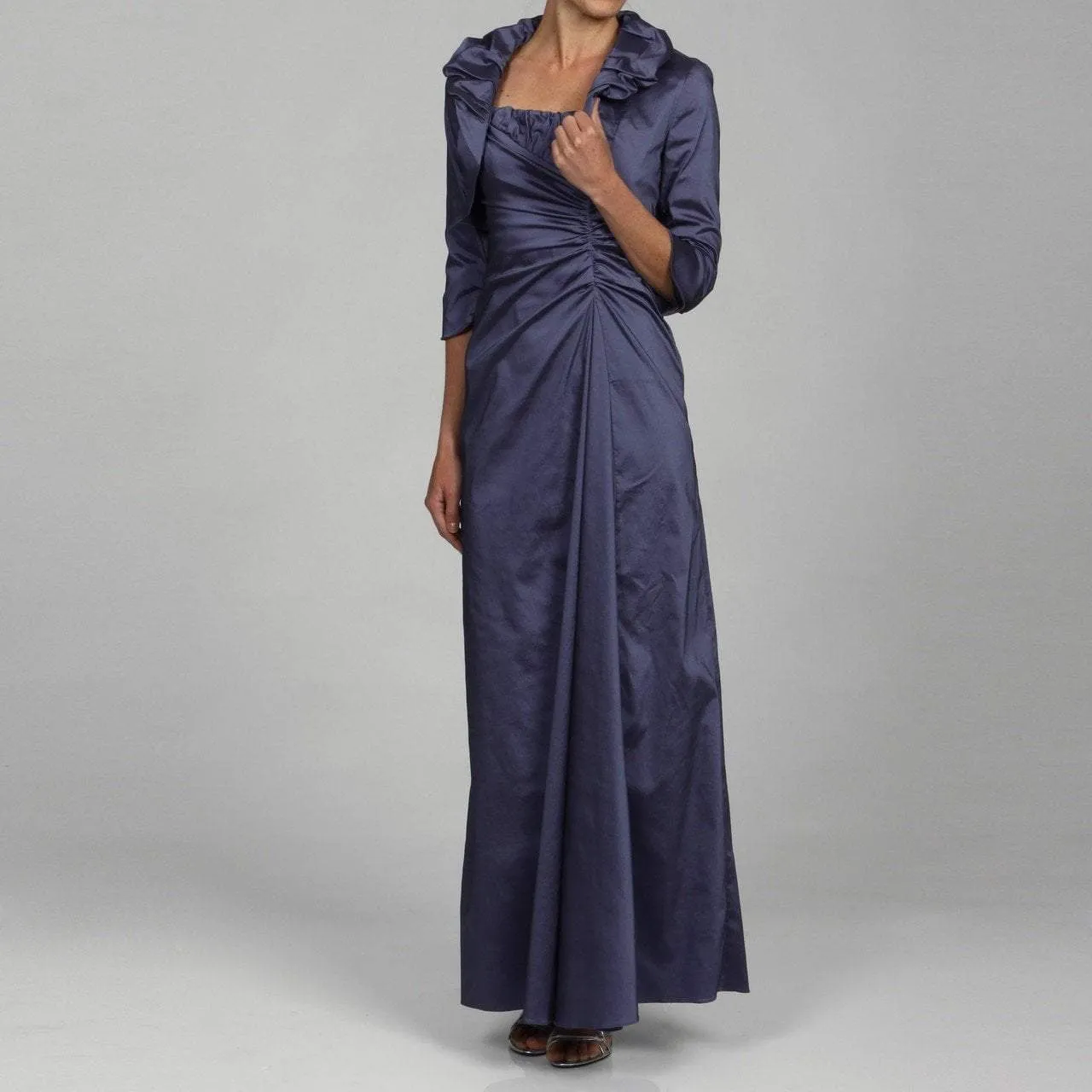 Adrianna Papell - Long Satin Dress with Ruffle Neck Bolero 81848880