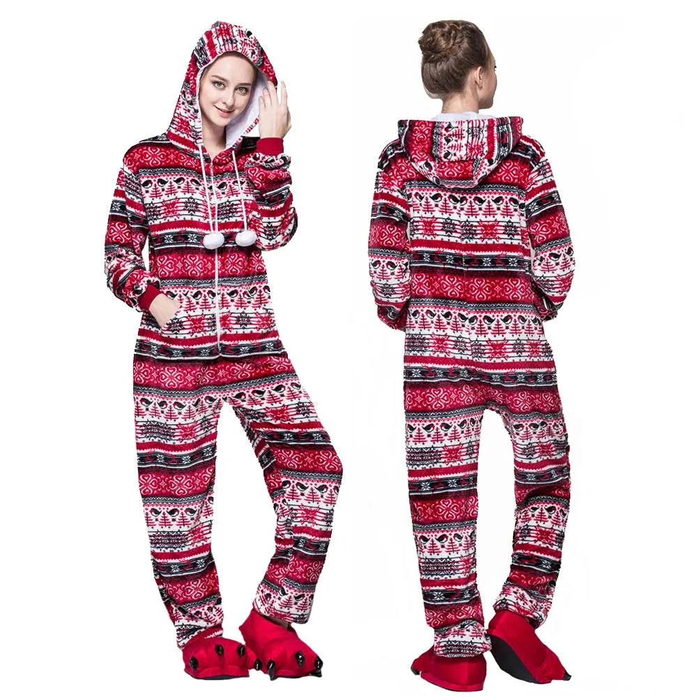 Adult Christmas One-piece Pajamas for Women Zip Up & Hooded