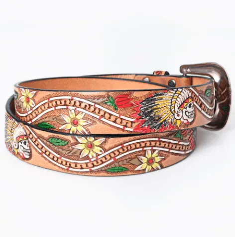 American Darling Skull & Flowers Hand Tooled & Painted Leather Belt ADBLF168