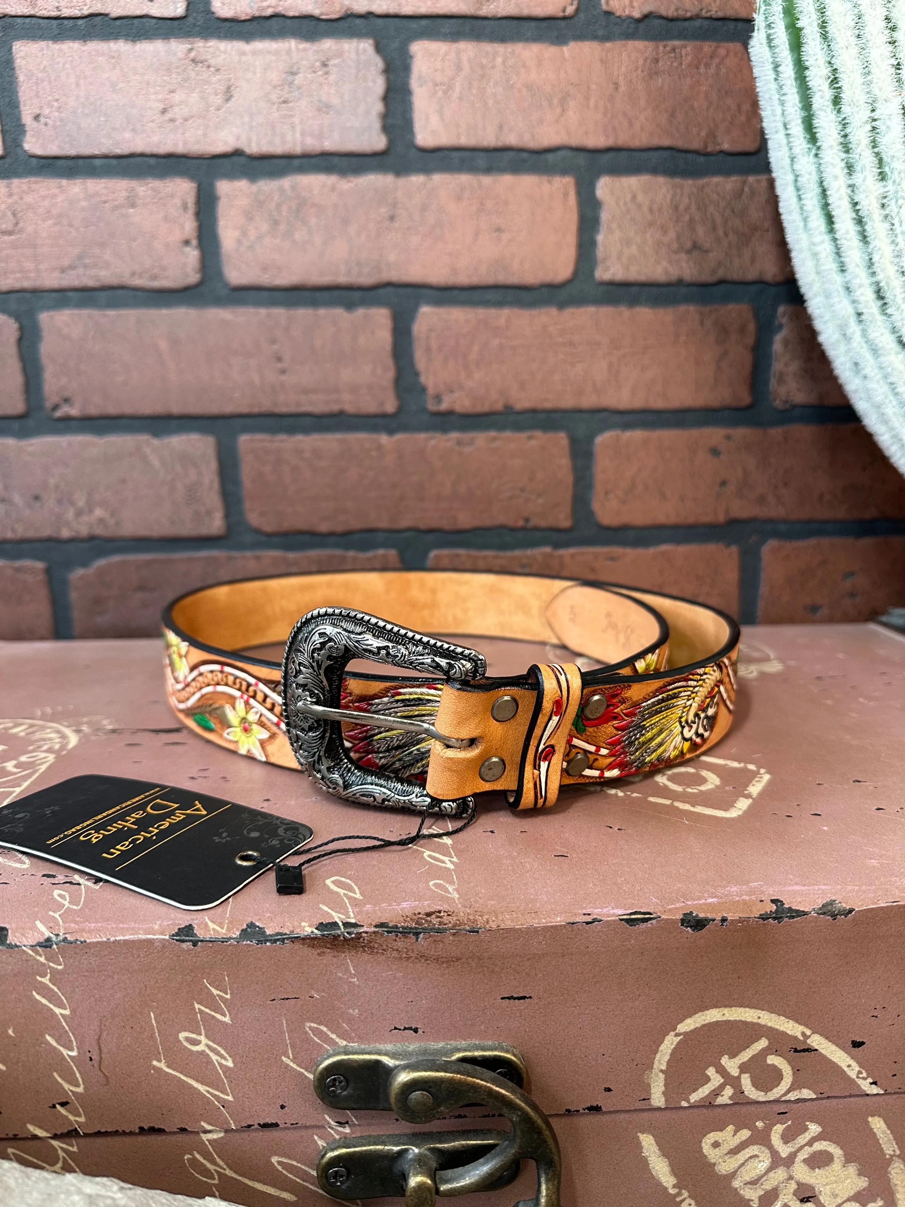 American Darling Skull & Flowers Hand Tooled & Painted Leather Belt ADBLF168