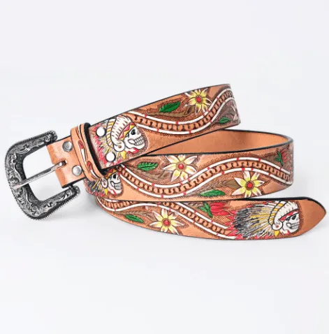 American Darling Skull & Flowers Hand Tooled & Painted Leather Belt ADBLF168