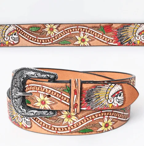 American Darling Skull & Flowers Hand Tooled & Painted Leather Belt ADBLF168