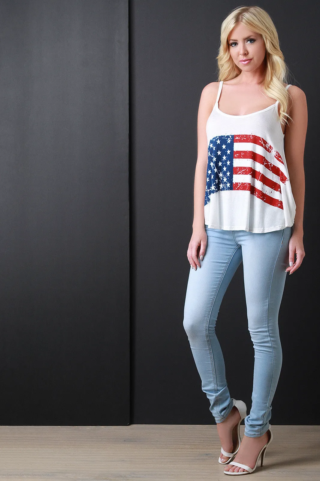 American Flag Print Sleeveless Flowy Cami Top