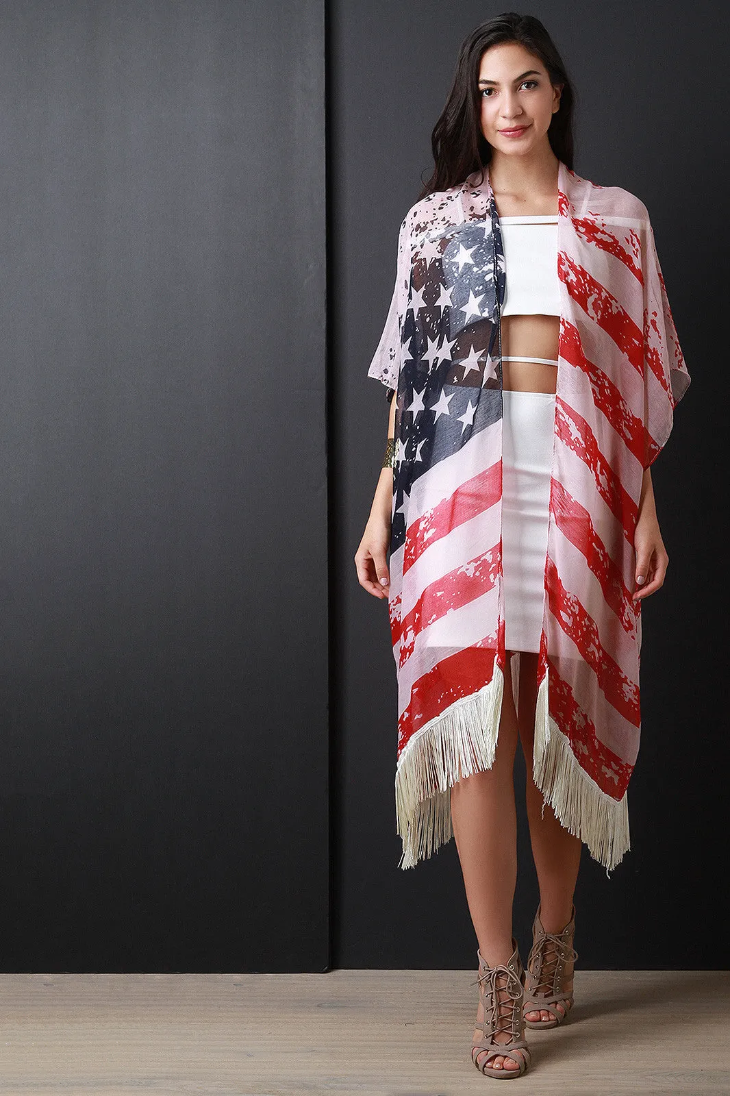 American Flag Printed Fringe Hem Poncho