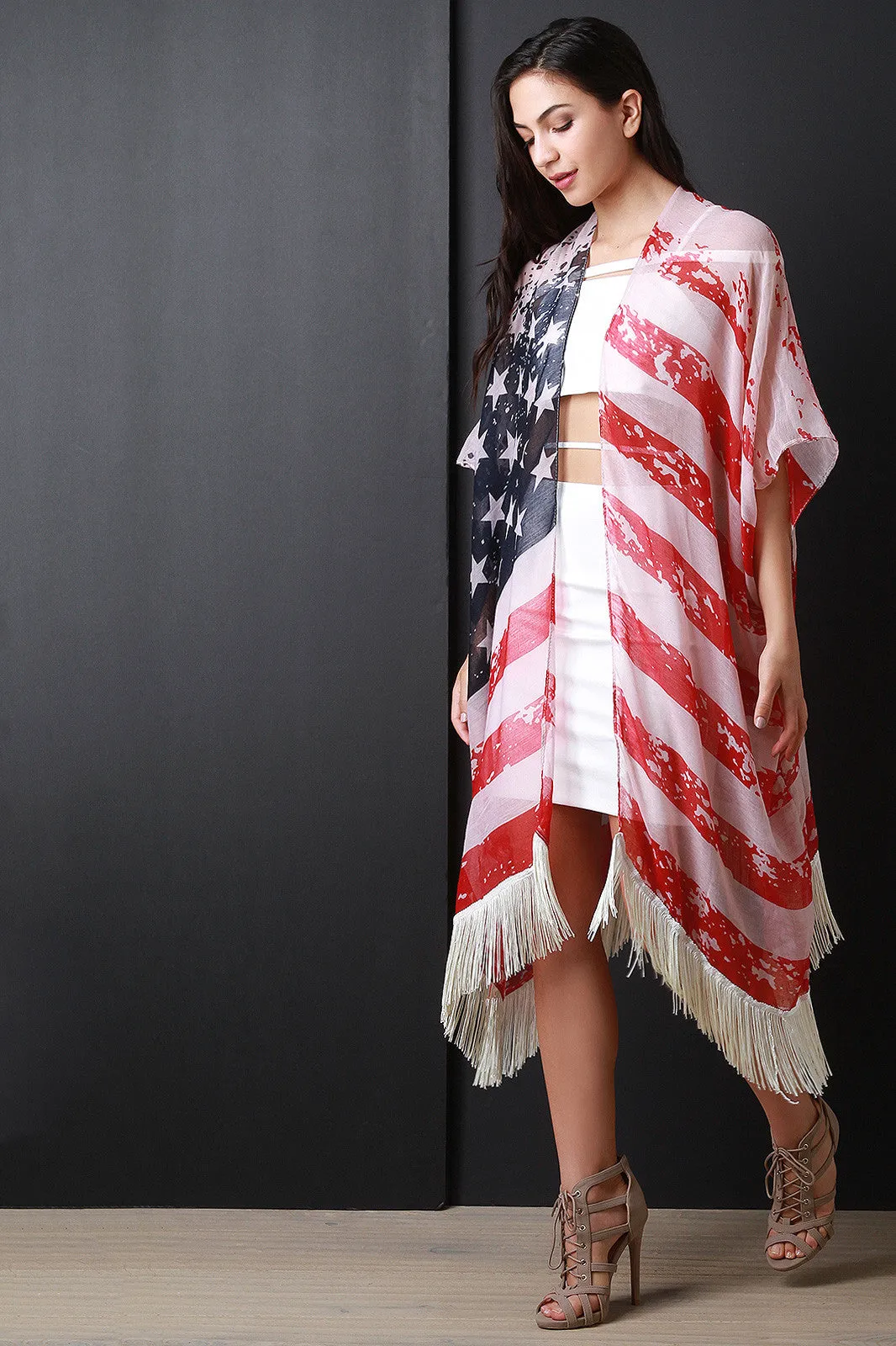 American Flag Printed Fringe Hem Poncho