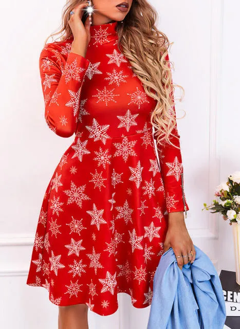 Amy Fashion - Christmas Women Long Sleeve V-neck Snowflake Print Party Dress