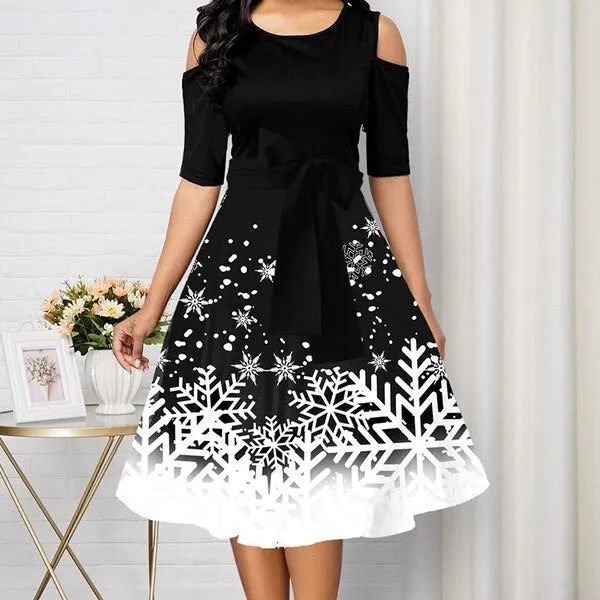 Amy Fashion - Christmas Women Long Sleeve V-neck Snowflake Print Party Dress