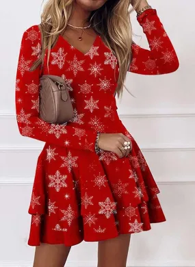 Amy Fashion - Christmas Women Long Sleeve V-neck Snowflake Print Party Dress