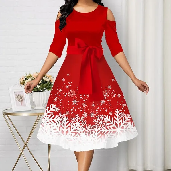 Amy Fashion - Christmas Women Long Sleeve V-neck Snowflake Print Party Dress