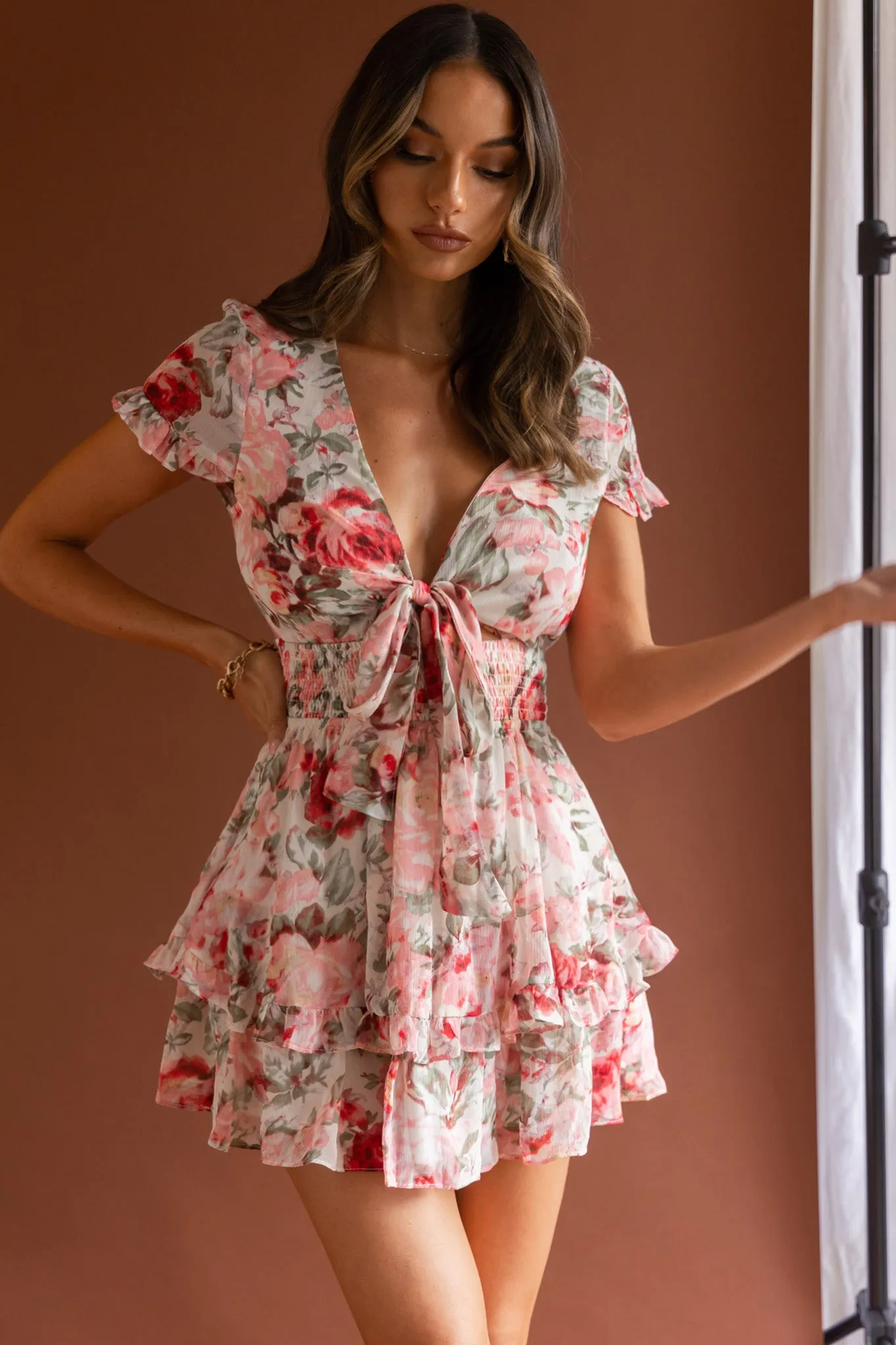 Anthea Bow-Tie Front Layered Frill Dress Floral Print Pink