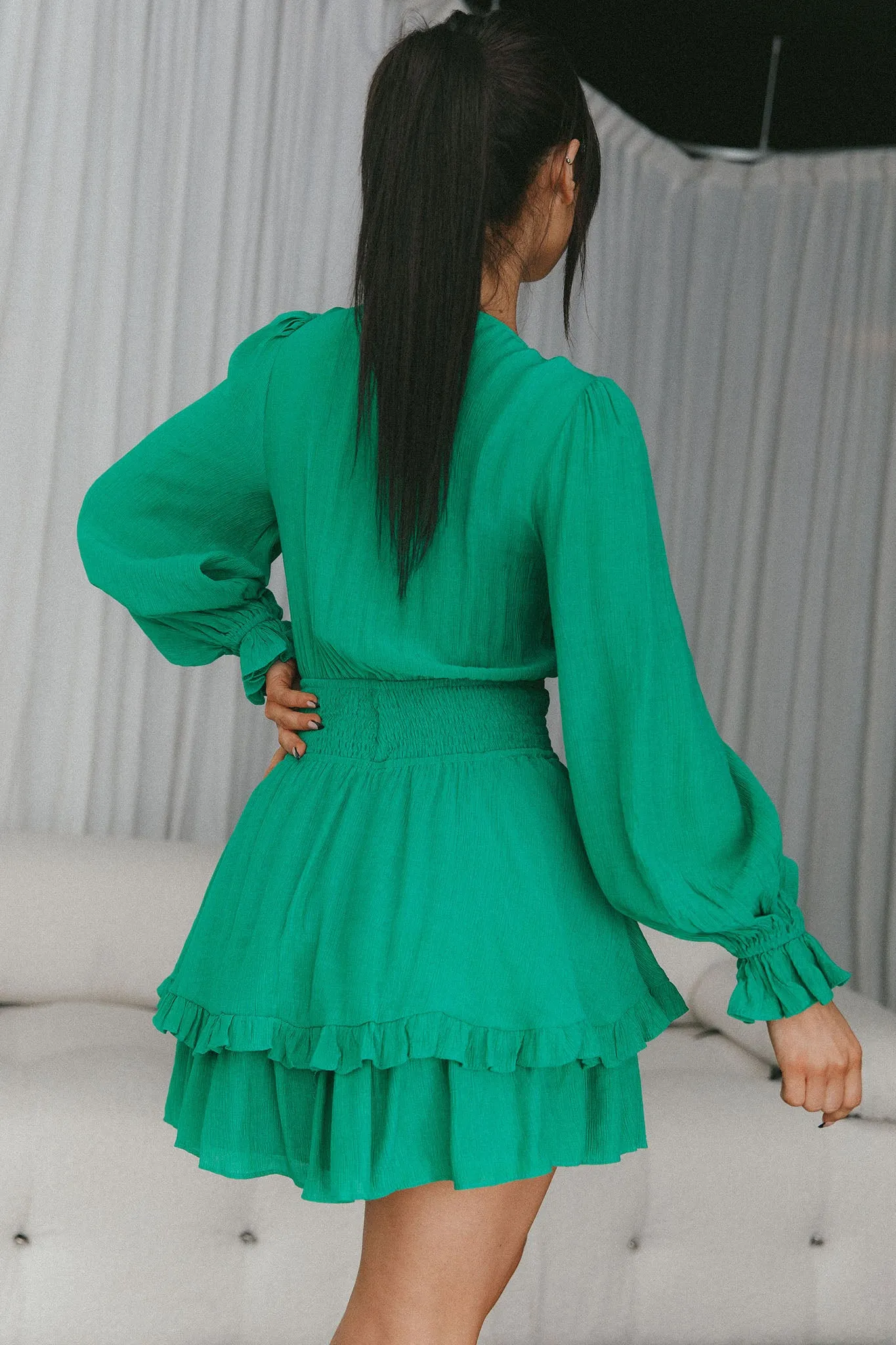 Anthea Bow-Tie Front Layered Frill Dress Green