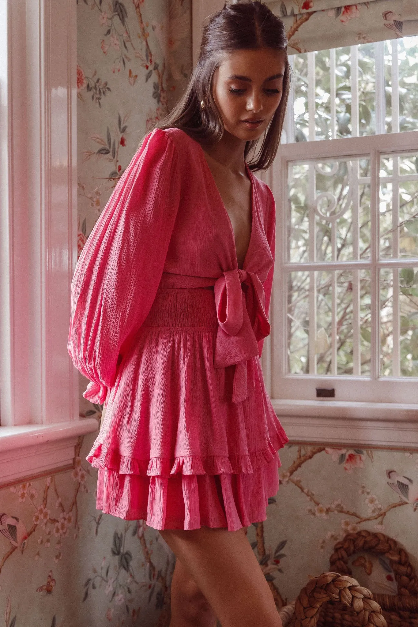 Anthea Bow-Tie Front Layered Frill Dress Hot Pink