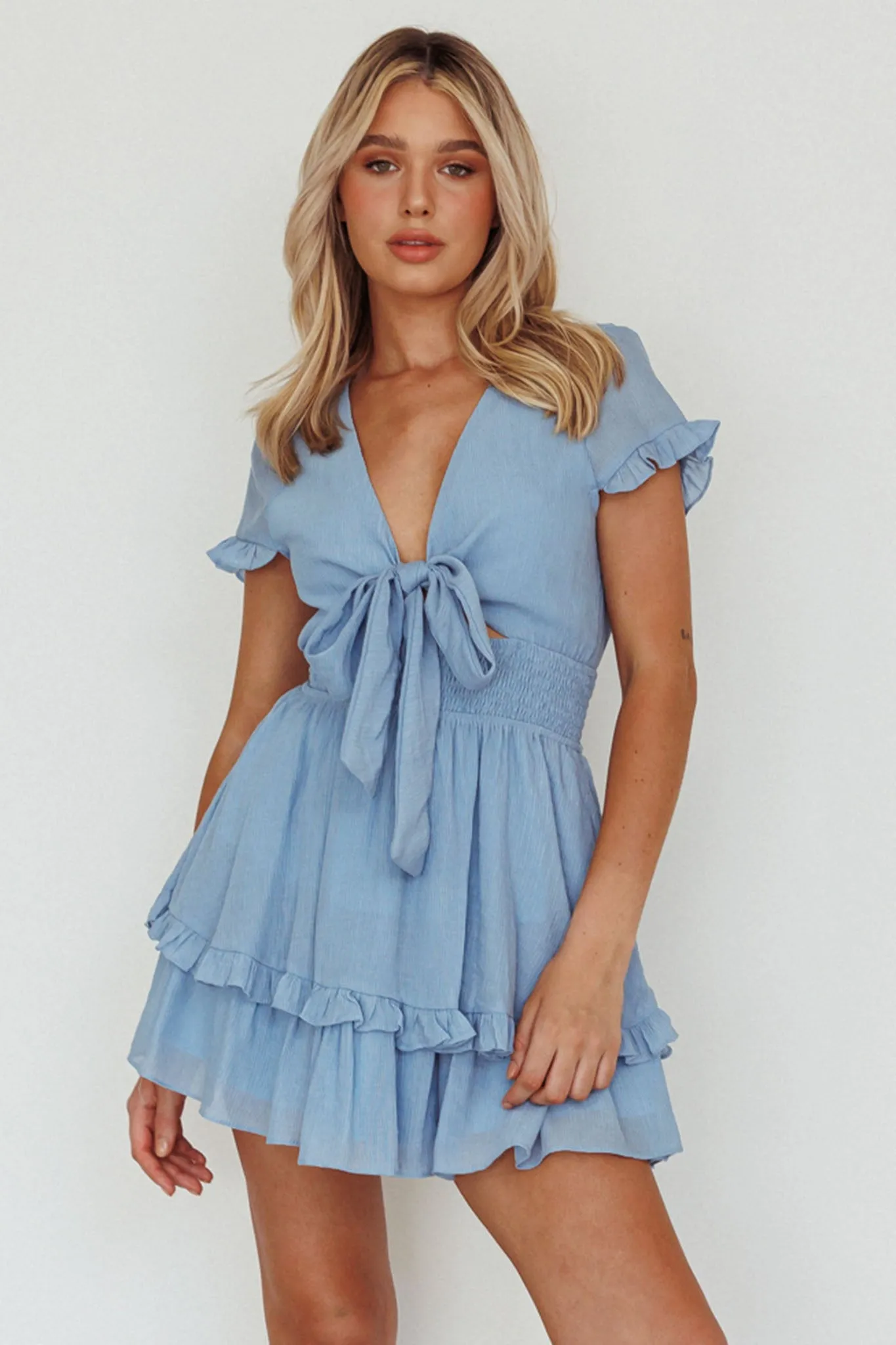 Anthea Bow-Tie Short Sleeve Frill Dress Cerulean