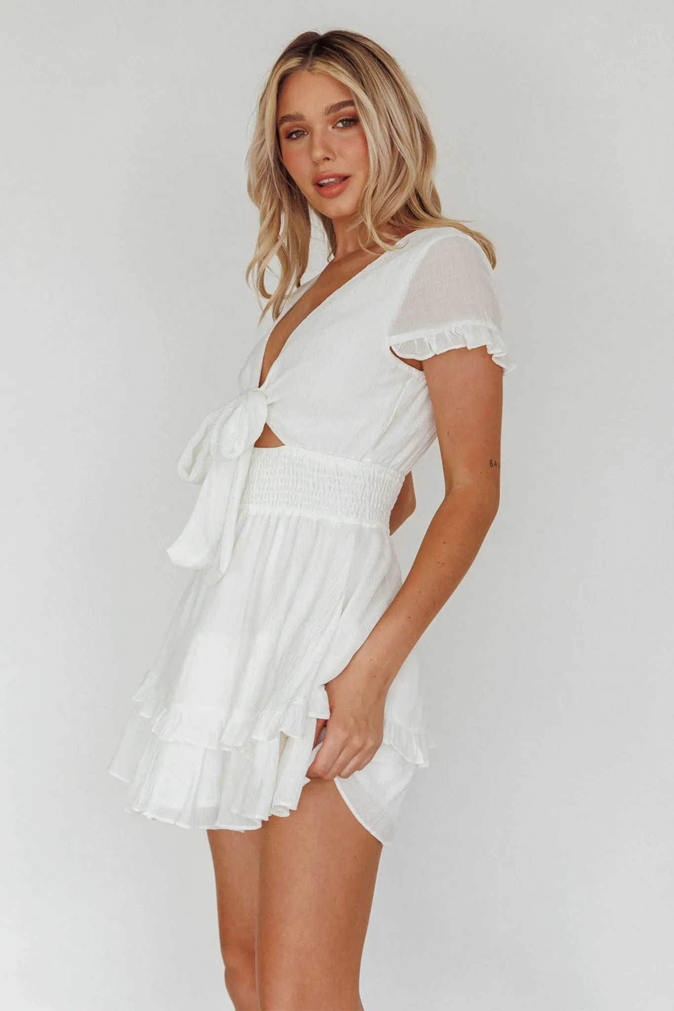 Anthea Bow-Tie Short Sleeve Frill Dress White