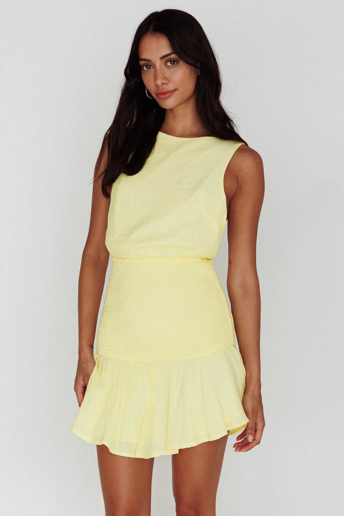 Antonine Elasticated Straps Shirred Waist Mini Dress Lemon