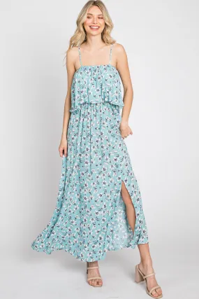 Aqua Floral Flounce Maxi Dress