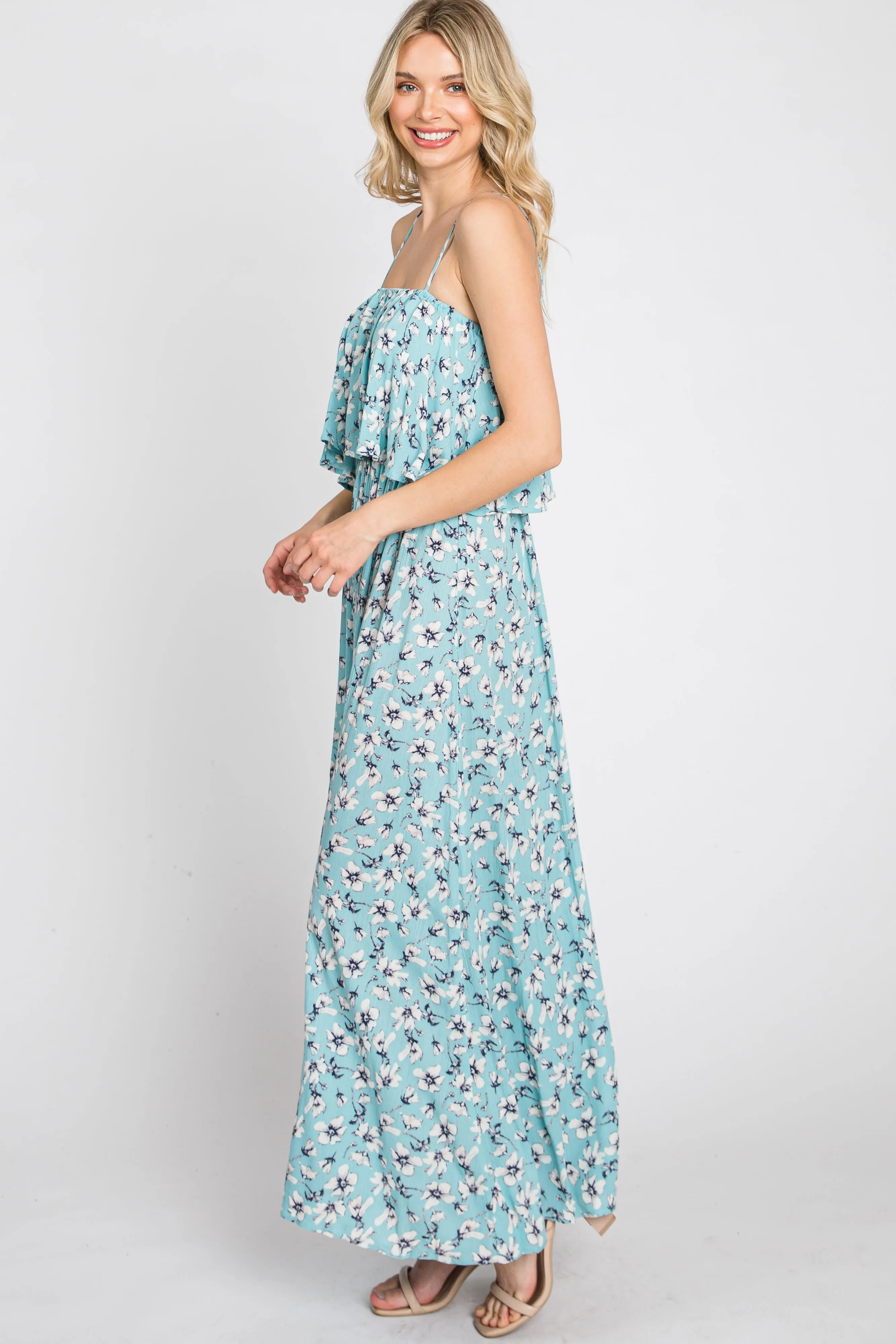 Aqua Floral Flounce Maxi Dress