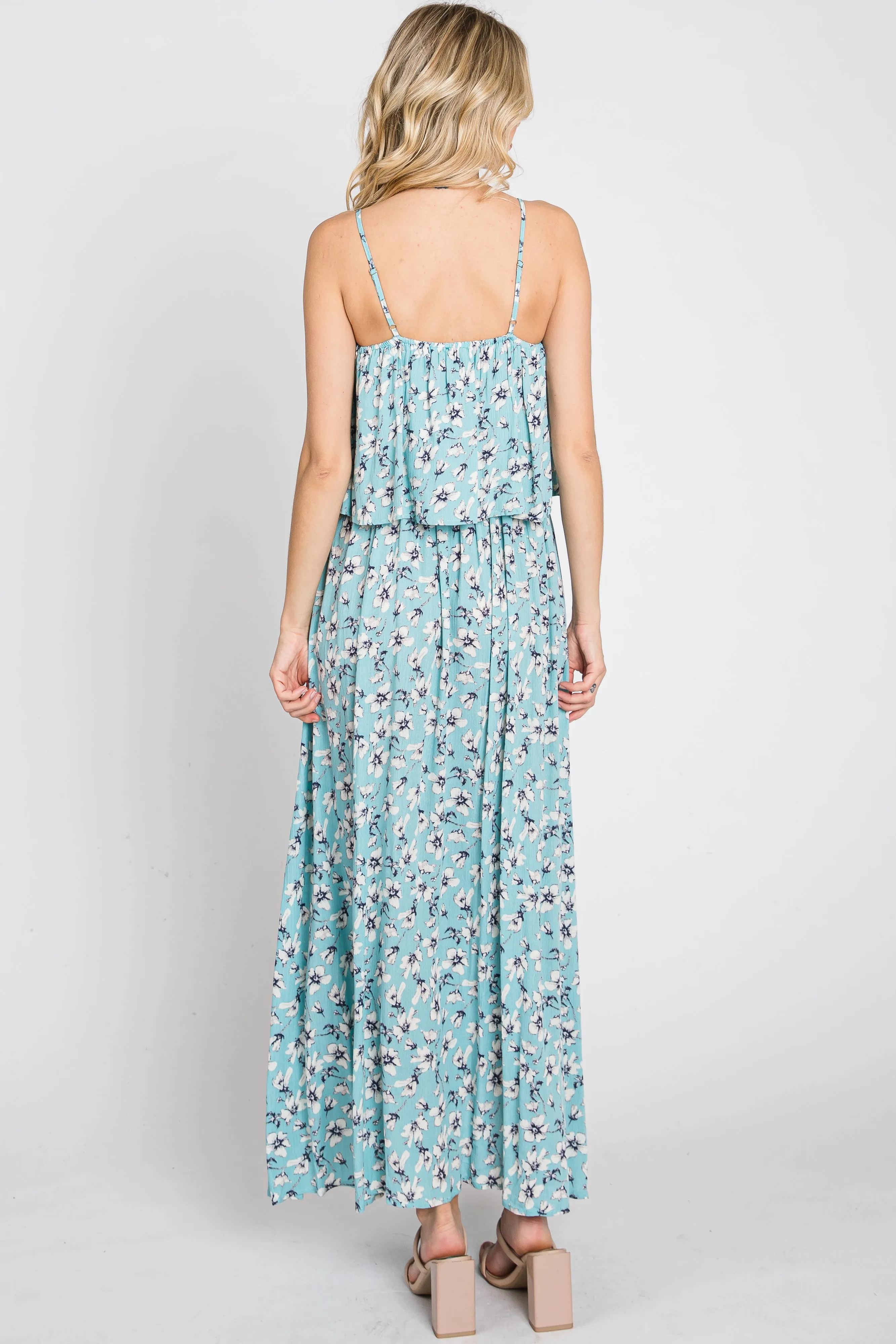 Aqua Floral Flounce Maxi Dress