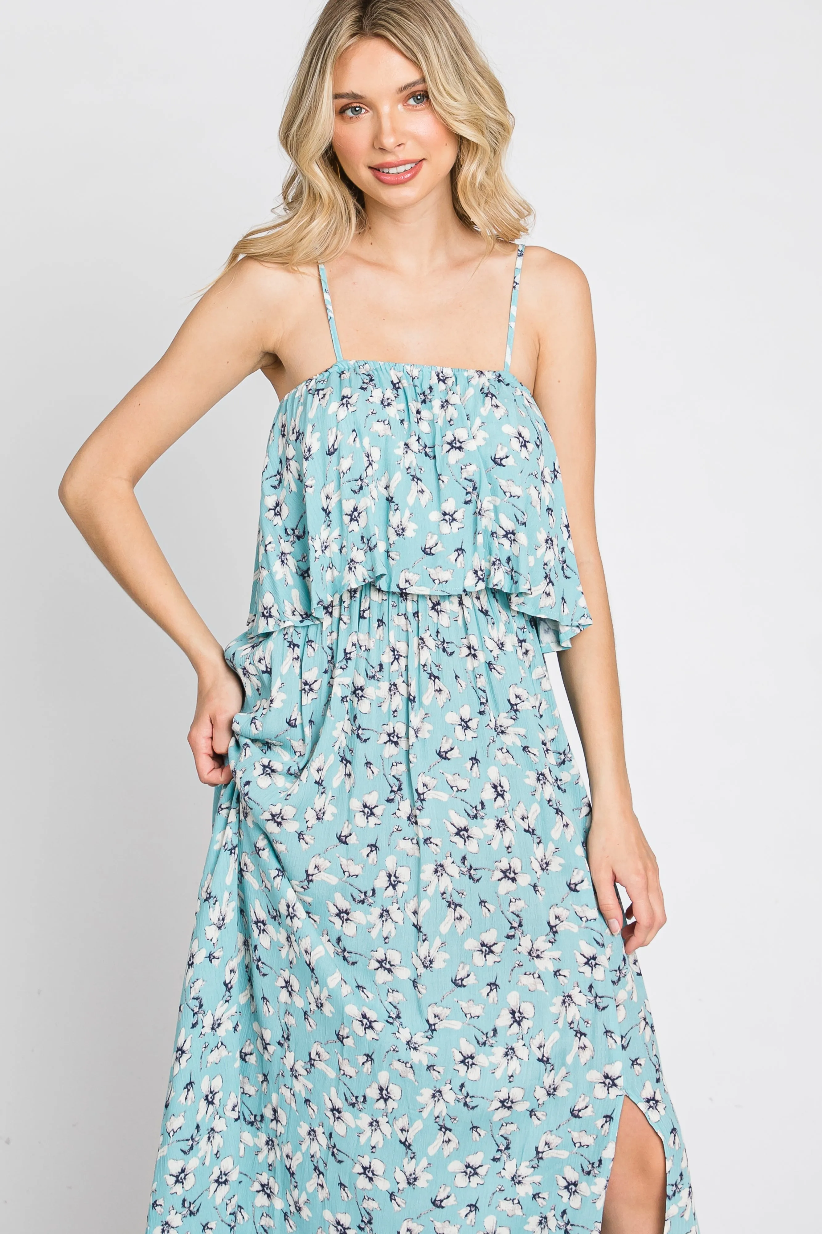 Aqua Floral Flounce Maxi Dress