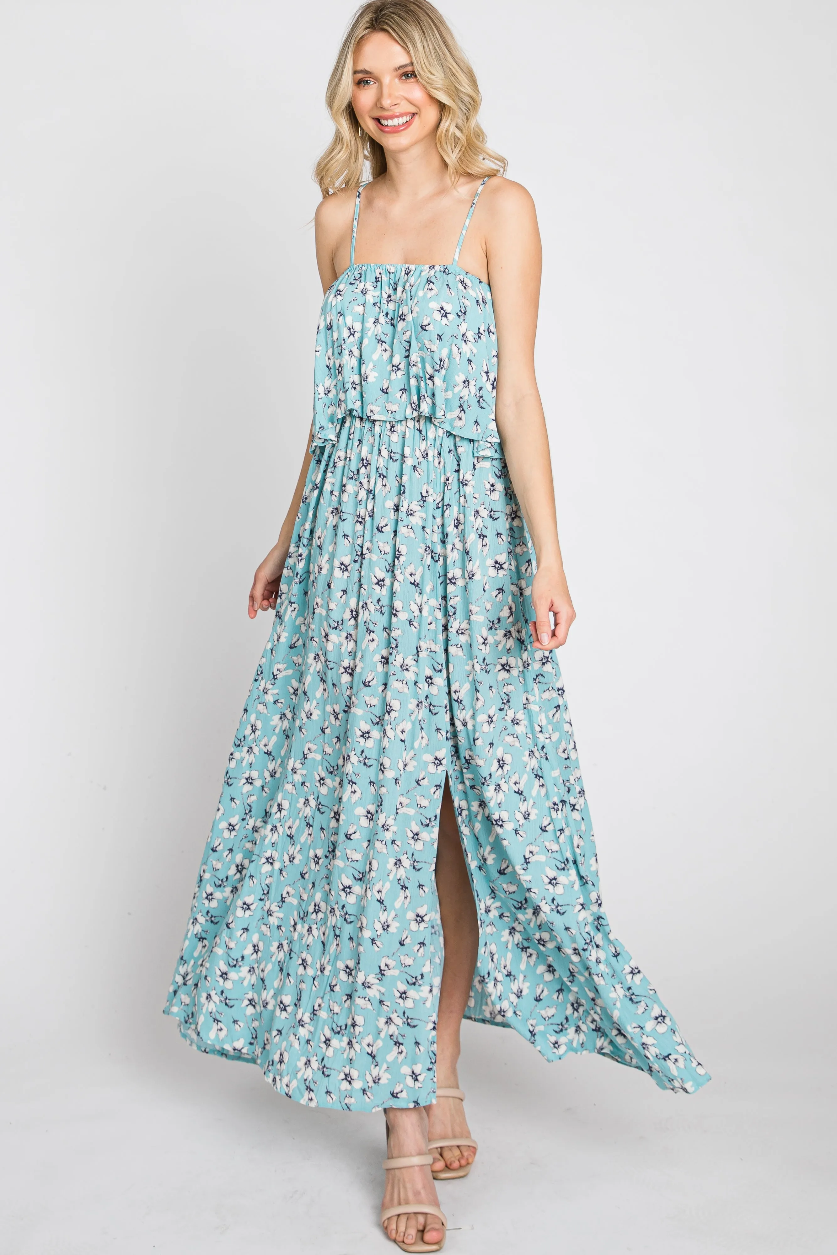 Aqua Floral Flounce Maxi Dress