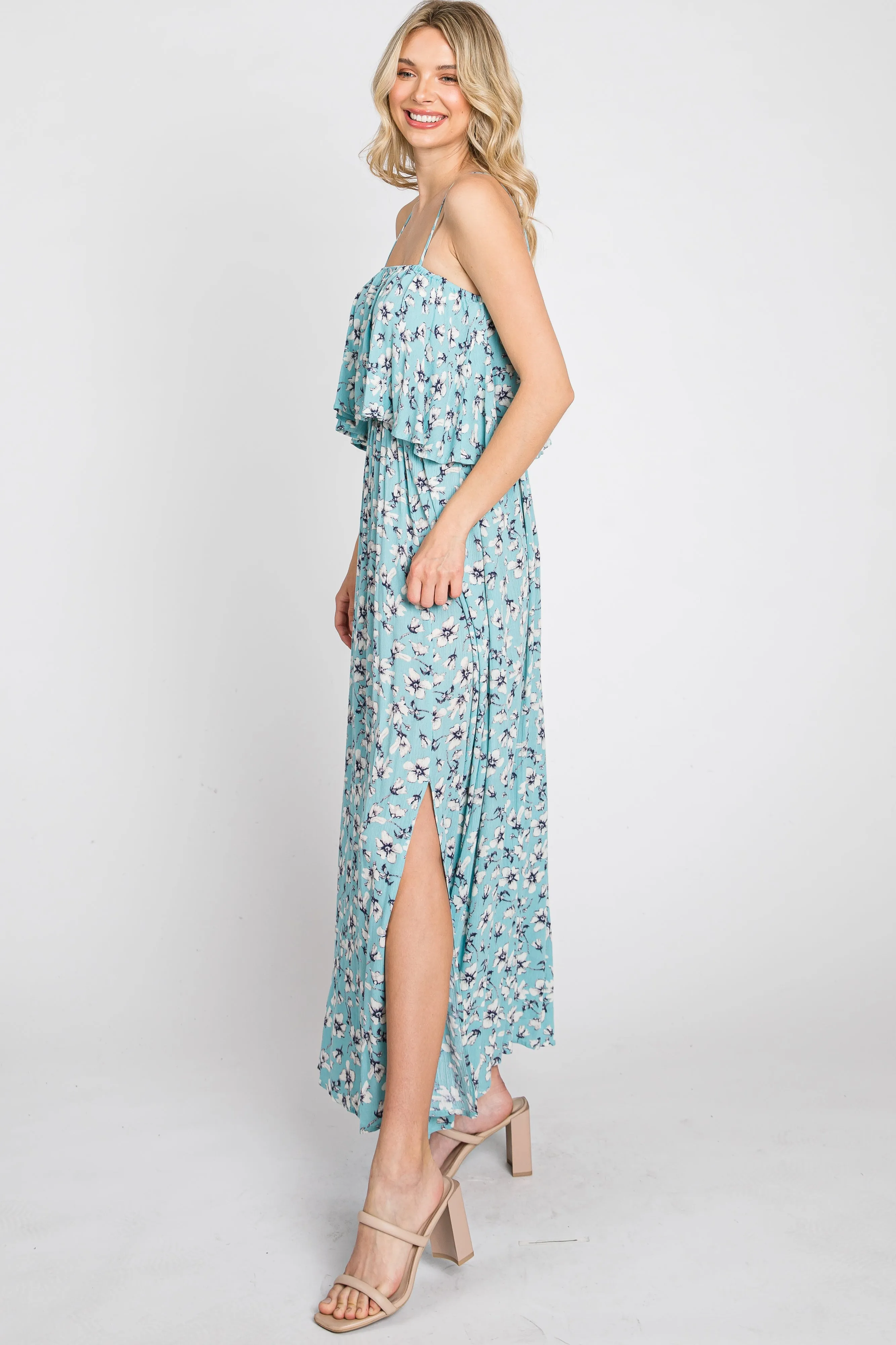 Aqua Floral Flounce Maxi Dress