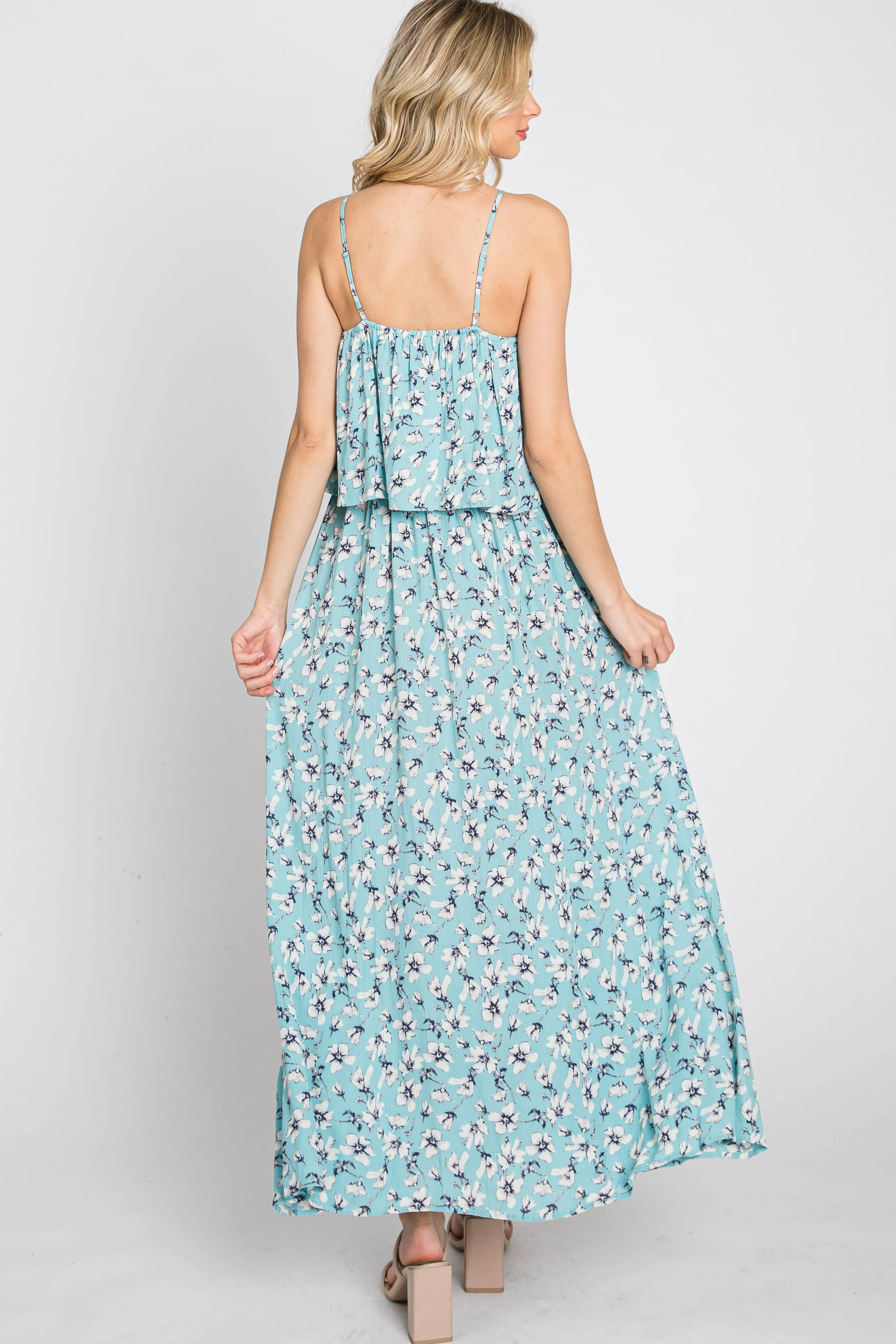 Aqua Floral Flounce Maxi Dress