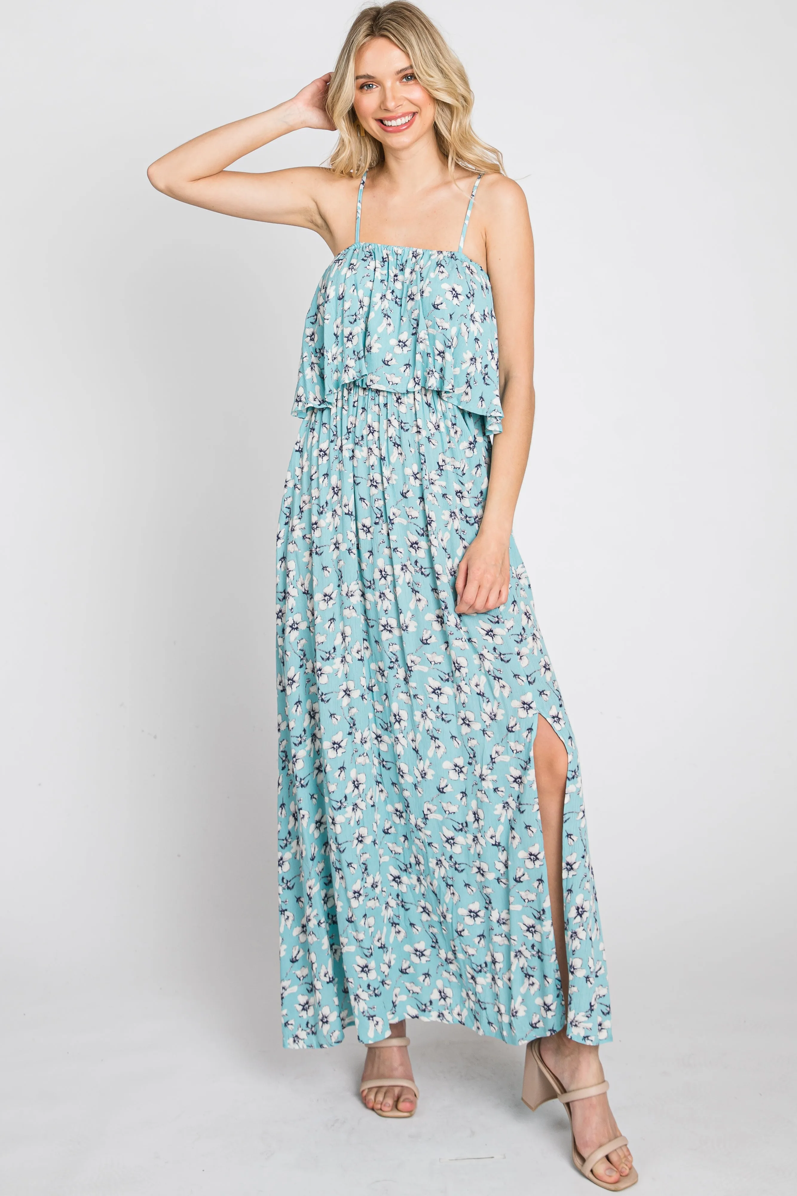 Aqua Floral Flounce Maxi Dress