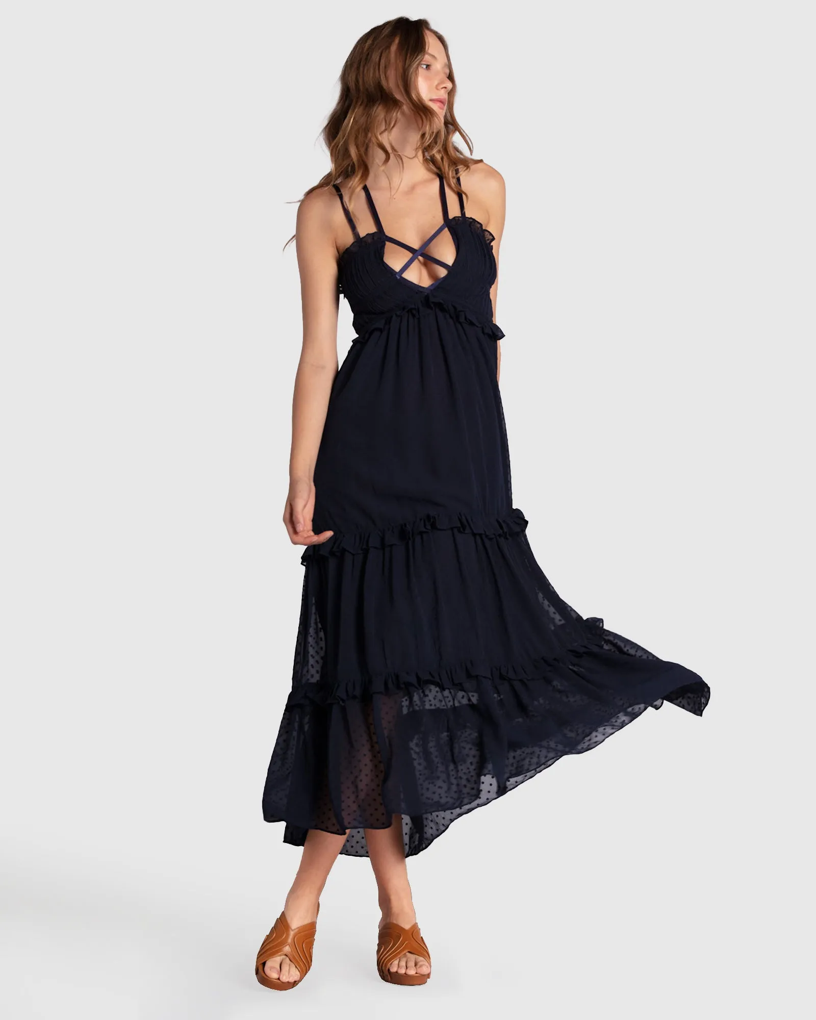 As It Was Tiered Midi Dress - Navy